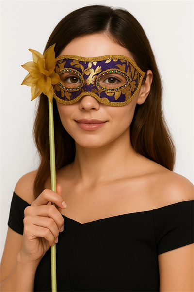Lüks Taşlı Saplı Maskeli Balo Maskesi Mor Renk 35 cm
