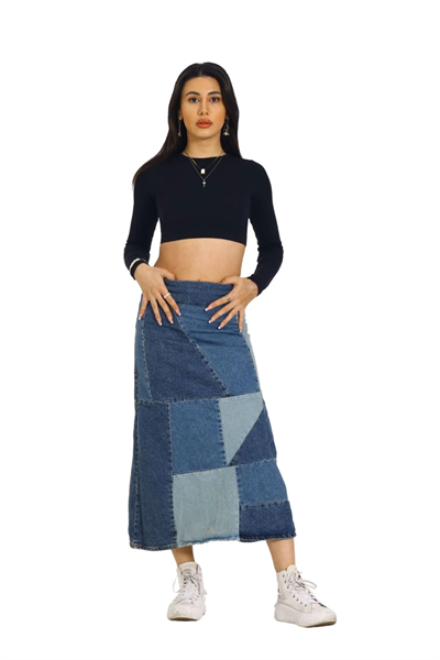 Mavi Patchwork Desenli Denim Kot Etek