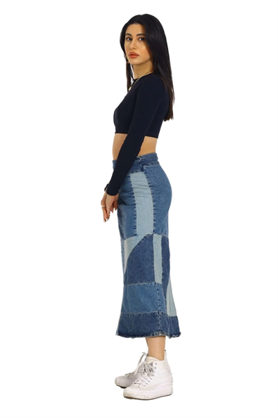 Mavi Patchwork Desenli Denim Kot Etek