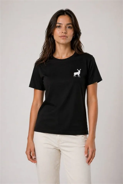 Minimal Geyik Logolu Tişört Bisiklet Yaka Kısa Kol Yazlık T-Shirt - Siyah