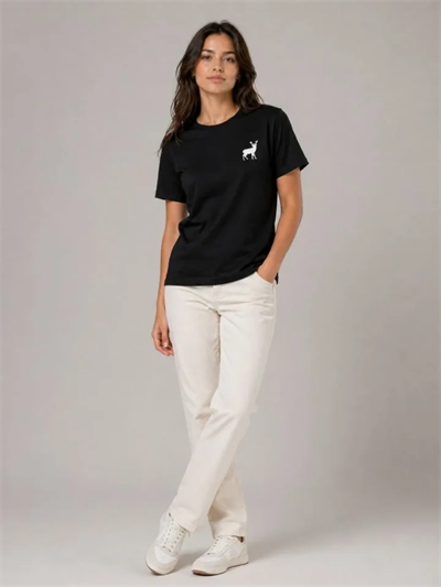 Minimal Geyik Logolu Tişört Bisiklet Yaka Kısa Kol Yazlık T-Shirt - Siyah