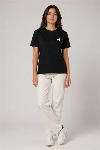 Minimal Geyik Logolu Tişört Bisiklet Yaka Kısa Kol Yazlık T-Shirt - Siyah