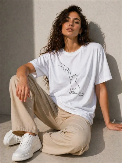 Minimal Kedi Çizim Baskılı Tişört Kısa Kol Yazlık T-Shirt - Beyaz