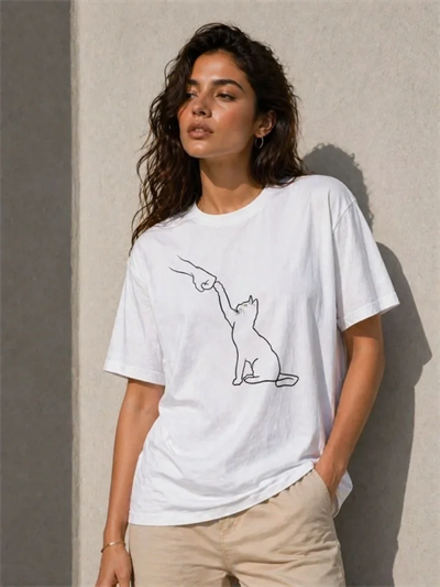 Minimal Kedi Çizim Baskılı Tişört Kısa Kol Yazlık T-Shirt - Beyaz