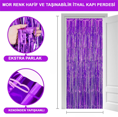 Ekstra Metalize Saçaklı Arka Fon Perde Mor