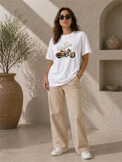 Motosiklet Baskılı Tişört Bisiklet Yaka Kısa Kol Yazlık T-Shirt - Beyaz