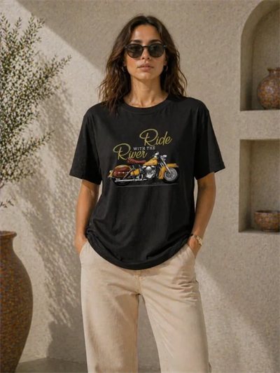 Motosiklet Baskılı Tişört Bisiklet Yaka Kısa Kol Yazlık T-Shirt - Siyah