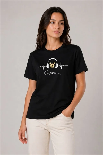 Müzik Temalı Baskılı Tişört Bisiklet Yaka Kısa Kol T-Shirt - Siyah
