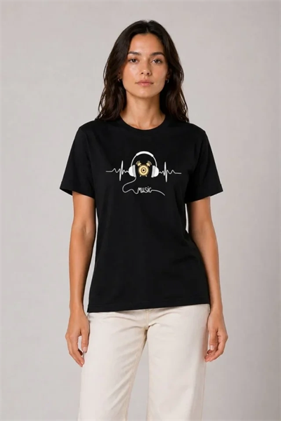 Müzik Temalı Baskılı Tişört Bisiklet Yaka Kısa Kol T-Shirt - Siyah