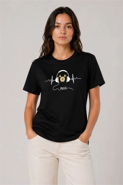 Müzik Temalı Baskılı Tişört Bisiklet Yaka Kısa Kol T-Shirt - Siyah