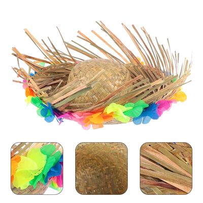Natural Renkli Püsküllü Örme Hasır Hawaii Şapka