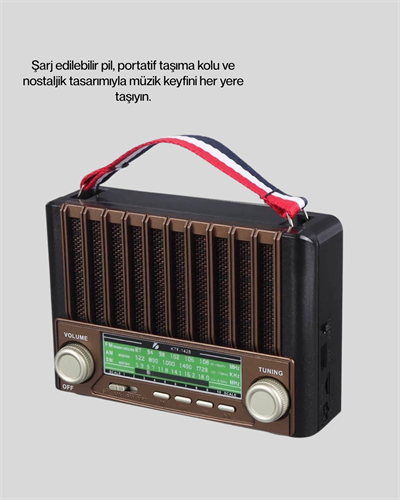 Nostaljik Tasarımlı Solar Şarjlı Radyo AM FM SW ve Bluetooth