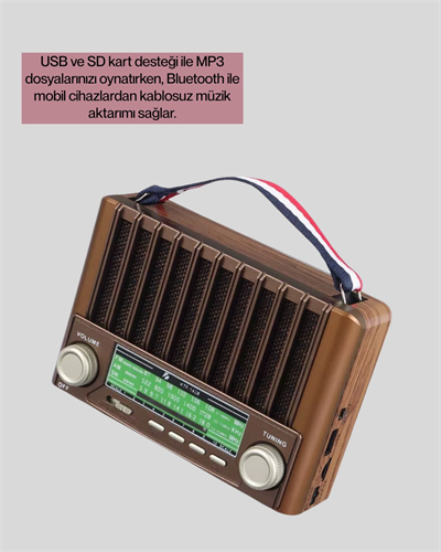 Nostaljik Tasarımlı Solar Şarjlı Radyo AM FM SW ve Bluetooth