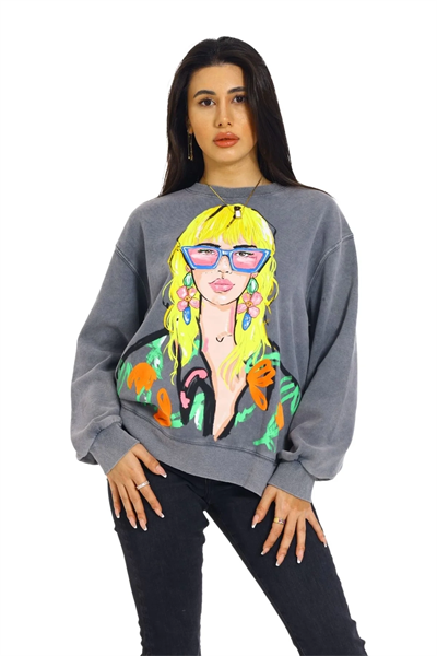 Önü Baskılı Bisiklet Yaka Kadın Sweatshirt