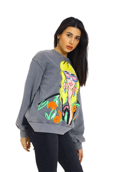 Önü Baskılı Bisiklet Yaka Kadın Sweatshirt