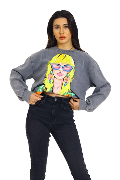 Önü Baskılı Bisiklet Yaka Kadın Sweatshirt