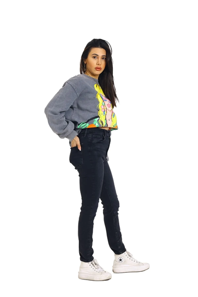 Önü Baskılı Bisiklet Yaka Kadın Sweatshirt