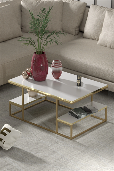 Orta Sehpa Delux Raflı Gold Beyaz