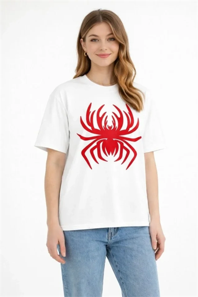 Örümcek Baskılı Tişört Kısa Kollu Bisiklet Yaka T-Shirt - Beyaz