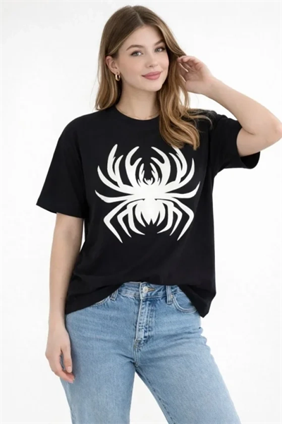 Örümcek Baskılı Tişört Kısa Kollu Bisiklet Yaka T-Shirt - Siyah
