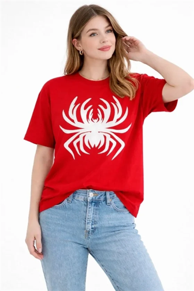 Örümcek Baskılı Tişört Kısa Kollu Bisiklet Yaka T-Shirt - Kırmızı