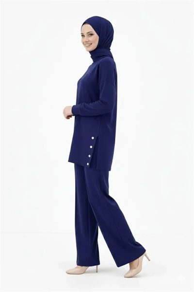 Osy Modal Yumuşak Dokulu Kumaş Modern Tesettür Takım Yandan Metal Çıtçıtlı Uzun Tunik Pantolon Set Salaş Kalıp - Lacivert