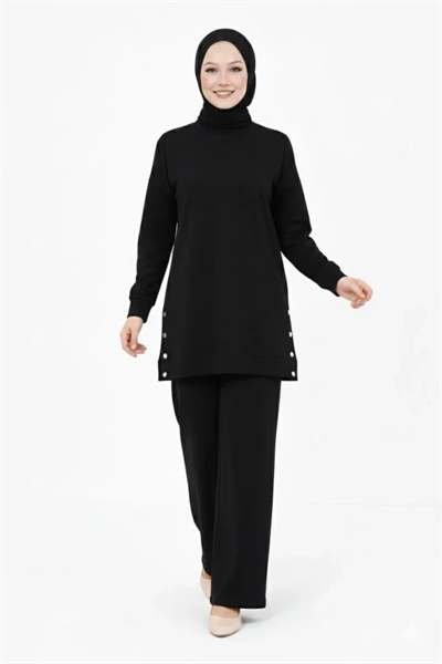 Osy Modal Yumuşak Dokulu Kumaş Modern Tesettür Takım Yandan Metal Çıtçıtlı Uzun Tunik Pantolon Set Salaş Kalıp - Siyah