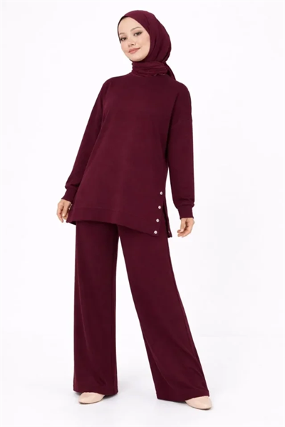 Osy Modal Yumuşak Dokulu Kumaş Modern Tesettür Takım Yandan Metal Çıtçıtlı Uzun Tunik Pantolon Set Salaş Kalıp - Bordo