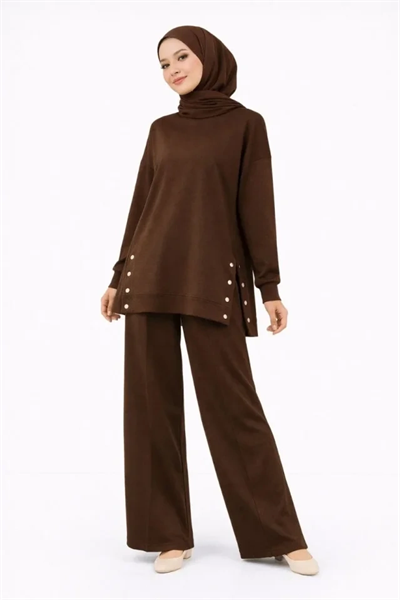 Osy Modal Yumuşak Dokulu Kumaş Modern Tesettür Takım Yandan Metal Çıtçıtlı Uzun Tunik Pantolon Set Salaş Kalıp - Kahverengi
