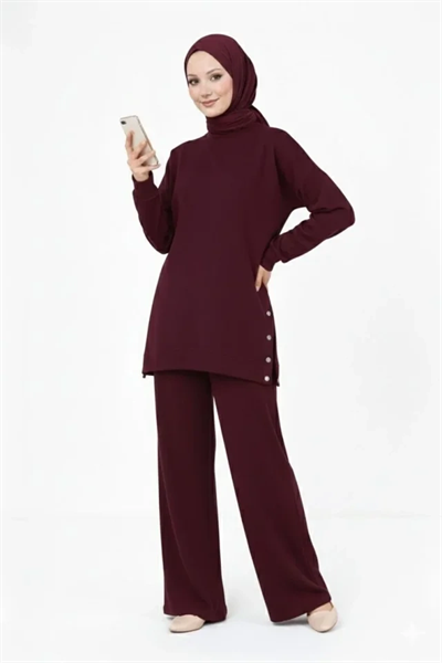 Osy Modal Yumuşak Dokulu Kumaş Modern Tesettür Takım Yandan Metal Çıtçıtlı Uzun Tunik Pantolon Set Salaş Kalıp - Bordo