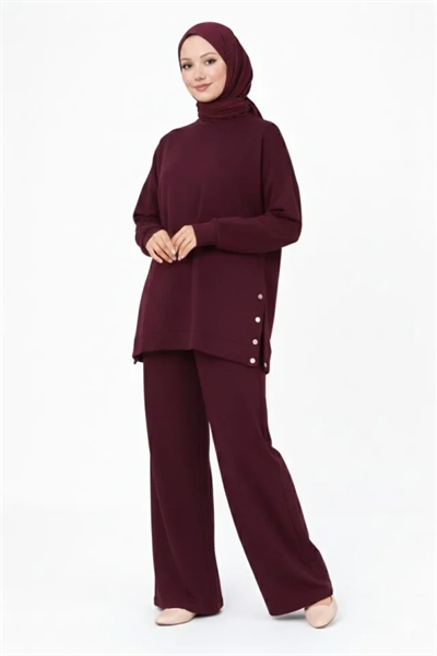 Osy Modal Yumuşak Dokulu Kumaş Modern Tesettür Takım Yandan Metal Çıtçıtlı Uzun Tunik Pantolon Set Salaş Kalıp - Bordo