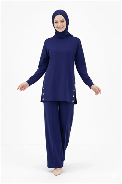 Osy Modal Yumuşak Dokulu Kumaş Modern Tesettür Takım Yandan Metal Çıtçıtlı Uzun Tunik Pantolon Set Salaş Kalıp - Lacivert