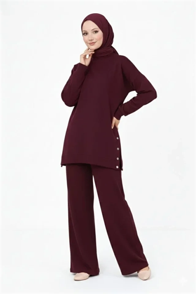 Osy Modal Yumuşak Dokulu Kumaş Modern Tesettür Takım Yandan Metal Çıtçıtlı Uzun Tunik Pantolon Set Salaş Kalıp - Bordo