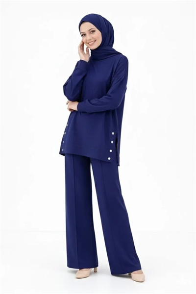 Osy Modal Yumuşak Dokulu Kumaş Modern Tesettür Takım Yandan Metal Çıtçıtlı Uzun Tunik Pantolon Set Salaş Kalıp - Lacivert