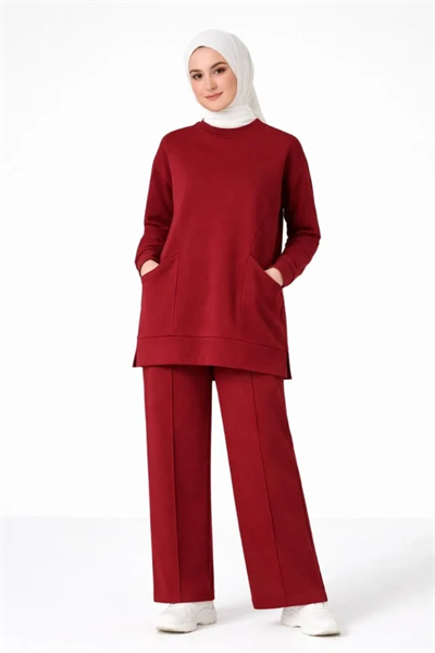Osy Modal Yumuşak Dokulu Kumaş Tesettür Cepli Tunik Pantolon Takım - Bordo