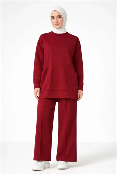 Osy Modal Yumuşak Dokulu Kumaş Tesettür Cepli Tunik Pantolon Takım - Bordo