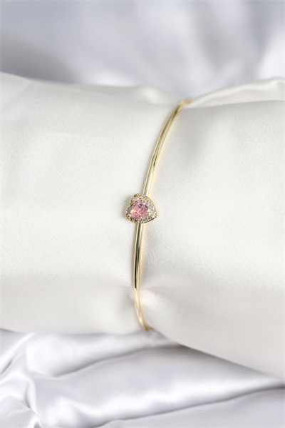 Pembe Zirkon Taşlı Kalp Model Gold Renk Kadın Bileklik
