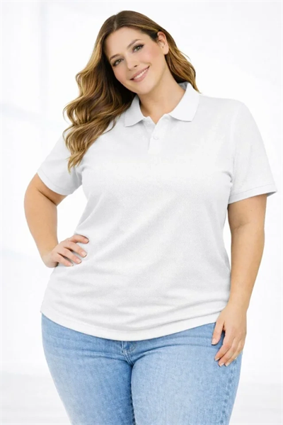 Pike Kumaş Düğmeli Yaka Battal Büyük Beden Günlük Kısa Kol Tişört T-shirt - Beyaz
