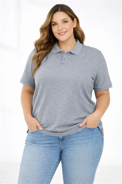 Pike Kumaş Düğmeli Yaka Battal Büyük Beden Günlük Kısa Kol Tişört T-shirt - Gri