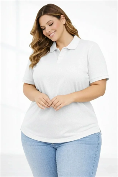 Pike Kumaş Düğmeli Yaka Battal Büyük Beden Günlük Kısa Kol Tişört T-shirt - Beyaz