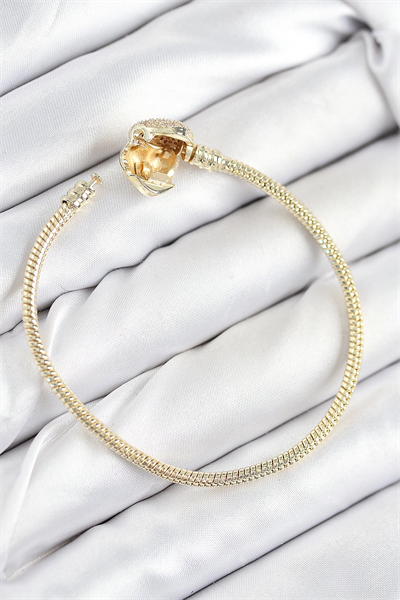 Pirinç Charm Zirkon Taşlı Kalp Model Gold Renk Kadın Bileklik