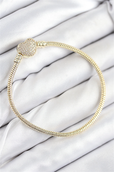 Pirinç Charm Zirkon Taşlı Kalp Model Gold Renk Kadın Bileklik