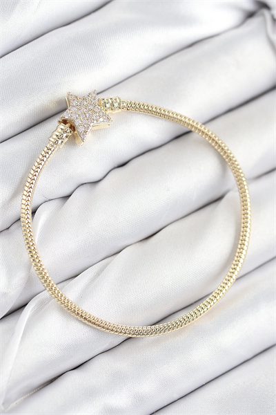 Pirinç Charm Zirkon Taşlı Yıldız Model Gold Renk Kadın Bileklik