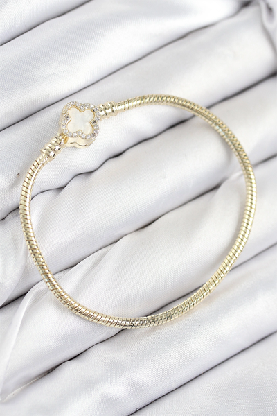 Pirinç Charm Zirkon Taşlı Yonca Model Gold Renk Kadın Bileklik