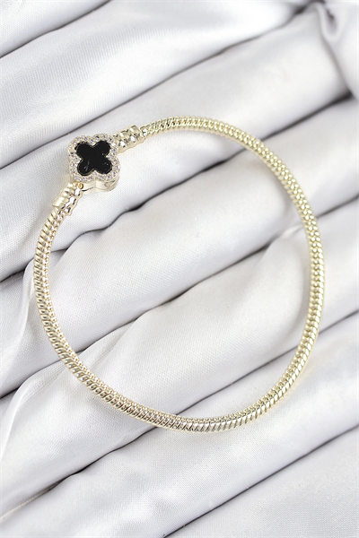 Pirinç Charm Zirkon Taşlı Yonca Model Gold Renk Kadın Bileklik