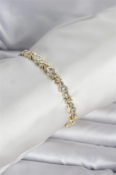 Pirinç Gold Renk Petek Model Zirkon Taşlı Kadın Bileklik