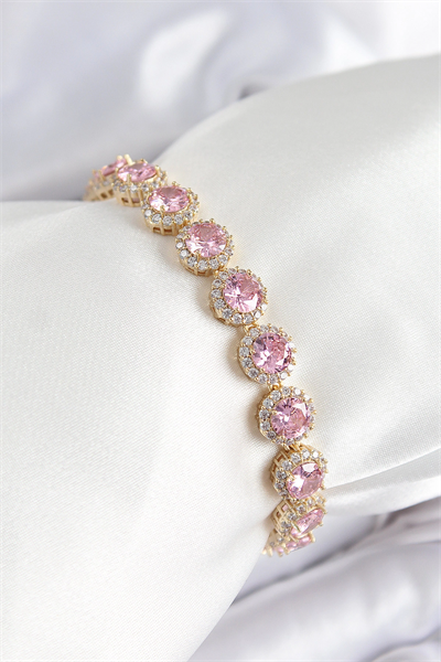 Pirinç Pembe Zirkon Taşlı Daire Baget Model Gold Renk VIP Seri Kadın Bileklik