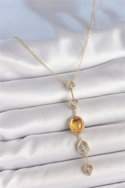 Pirinç Zincir Kehribar Sarı Gold Renk  Zirkon Taşlı Y Kolye