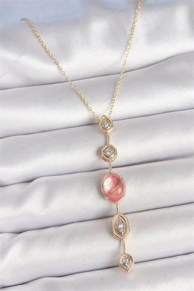 Pirinç Zincir Pembe Gold Renk Zirkon Taşlı Y Kolye
