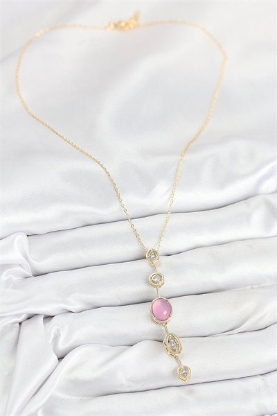 Pirinç Zincir Pembe Gold Renk Zirkon Taşlı Y Kolye